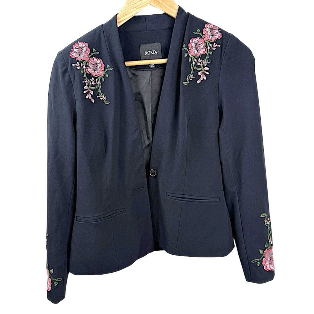 XOXO Womens Embroidered Floral‎ Blazer Size XS Career Old Money Dark Academia